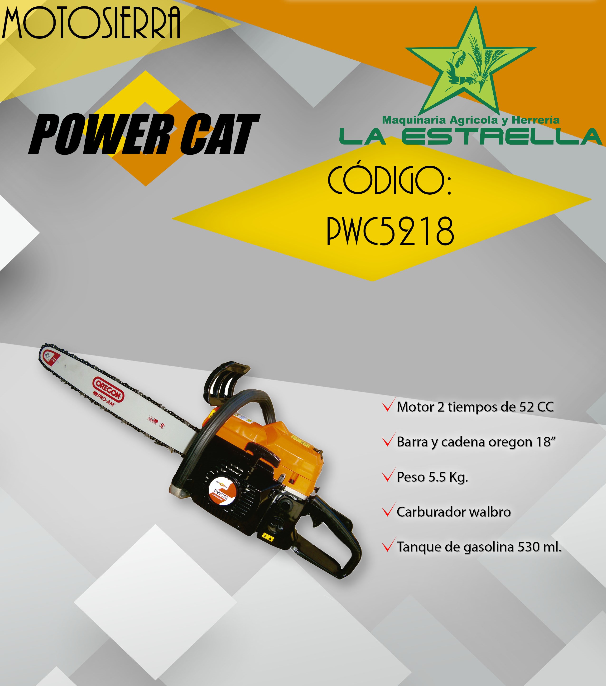 Motosierra Power Cat 52cc, Barra 18"